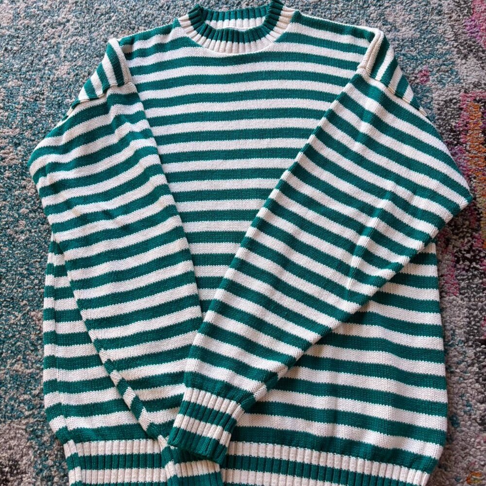 Teal & Cream Striped Knit Sweater – Cozy Oversized Crewneck Preppy Vintage-Inspi